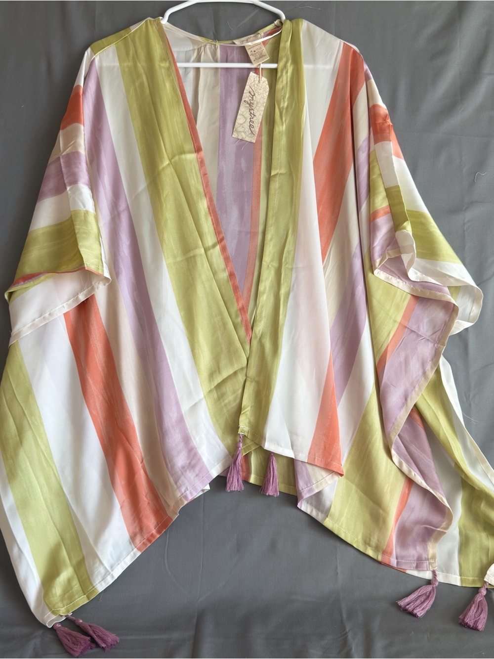 Mystree Striped Pastel Tassel Kimono - Lime, Coral, Lavender, White(C0042)